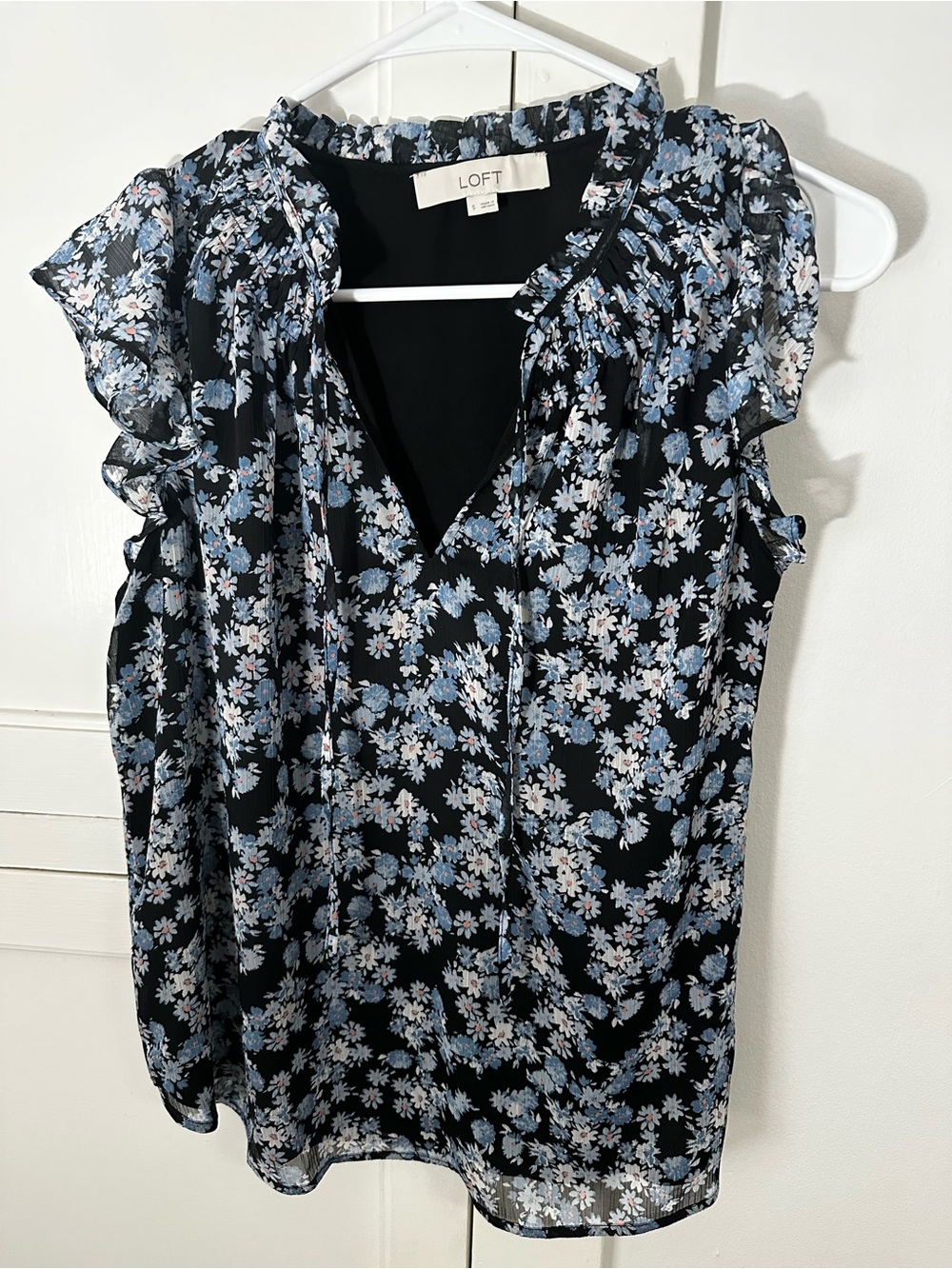LOFT Black Floral Ruffle V-Neck Blouse with Blue & White Flowers